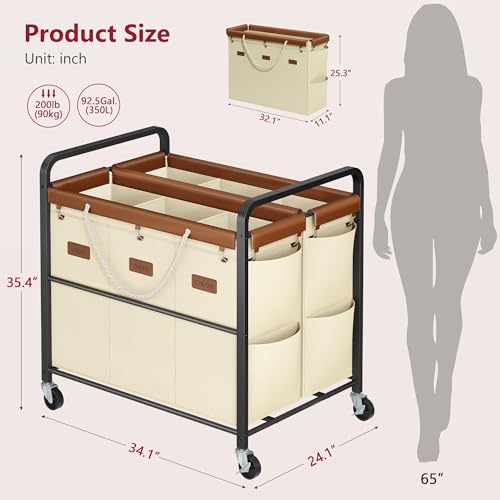 350L Extra Large Laundry Cart, Laundry Hamper 6 Section, Beige | Large Capacity, Heavy Duty Lockable Wheels, Sturdy Metal Frame, Leather Patchwork, Removable Bags - color: Beige, size: 6 Bag 350L