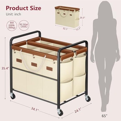 350L Extra Large Laundry Cart, Laundry Hamper 6 Section, Beige | Large Capacity, Heavy Duty Lockable Wheels, Sturdy Metal Frame, Leather Patchwork, Removable Bags - color: Beige, size: 6 Bag 350L
