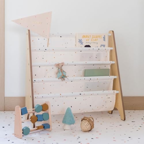 3 Sprouts Recycled Kids Bookshelf, Holds 35 Books, 4-Tier, Terrazzo Cream | Space-saving bookshelf, Children's room, Toddler bookcase organizer, Ages 3+, Book/toy storage, Front-facing, Covers visible - color: Terrazzo Cream