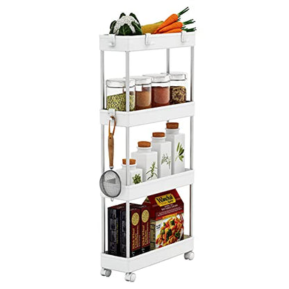 4 Tier Slim Storage Cart Mobile Shelving Unit Organizer Slide Out Storage Rolling Utility Cart Tower Rack for Kitchen Bathroom Laundry Narrow Places, Plastic & Stainless Steel, White