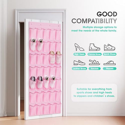 WVM Over the Door Shoe Organizer with 35 Breathable Mesh Pockets, Hanging Shoe Organizer for Door with 4 Metal Hooks, Large Capacity Closet Storage for Shoes, Accessories - style: Pink