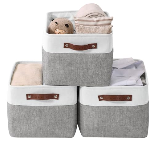 DECOMOMO Storage Bins, Large Fabric Storage Baskets for Shelves, Decorative Linen Closet Organizer, 15 x 11 x 9.5 inches (Grey & White, 3 Pack) - color: Grey and White, size: Large/3P
