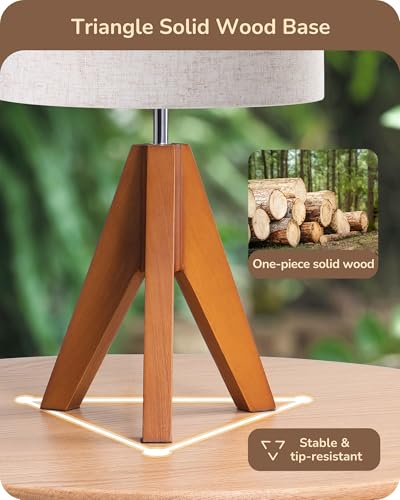 EDISHINE Tripod Table Lamp, Small Cute Bedside Lamp with Linen Beige Lampshade, Nightstand Lamp for Nursery, Bedroom, Kid Room, Living Room, Light Brown Wooden Base, E26 Socket, 14.2 Inch - color: Light Brown