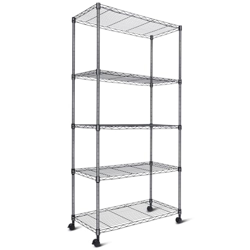 Whitmor 5 Tier Shelving Unit, Adjustable Storage Shelves with Wheels, 400 lbs Capacity per Shelf, Max 2000 lbs Total for Pantry, Kitchen, Garage, 30" L x 14" W x 60" H, Black - color: Black, size: 5-TIER,30"L x 14"W x 60"H (With Wheels)