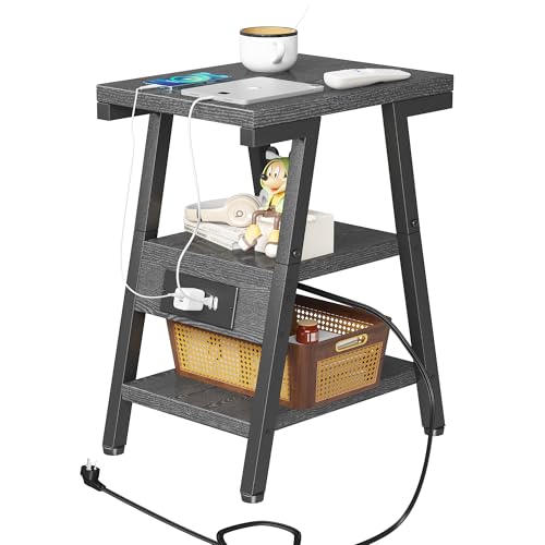 Side Table with Charging Station,3-Tier Small End Table,Lucky 7 Metal Shape | 2 AC Outlets + 2 USB Ports, Adjustable Feet, Nightstand for Bedroom, Living Room, Couch, Narrow Spaces, Grey - color: Grey