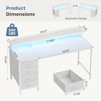 DUMOS 40-Inch Gaming Desk with Power Outlets and LED Lights, White | Computer Desk with 4 Storage Drawers, Home Office Desk with Monitor Stand, Small Desk for Bedroom Study