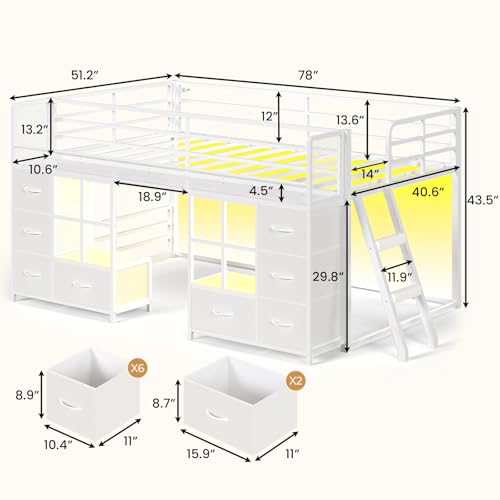 BTHFST Low Bunk Bed Twin Over Twin with 8 Fabric Drawers & Bookshelf, Twin Bunk Beds with RGB LED Lights, Windows, Metal Bunk Beds for Kids with Slanted Ladder & Safety Guardrails, Space Saving, White
