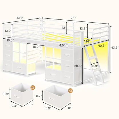 BTHFST Low Bunk Bed Twin Over Twin with 8 Fabric Drawers & Bookshelf, Twin Bunk Beds with RGB LED Lights, Windows, Metal Bunk Beds for Kids with Slanted Ladder & Safety Guardrails, Space Saving, White