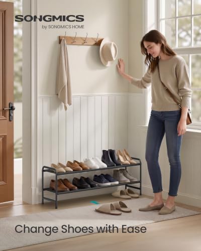 SONGMICS Long Shoe Rack Organizer for Closet, Free Standing Shoe Storage Shelf, Holds 12-15 Pairs, for Entryway, Bedroom, Easy to Assemble, 11.4 x 42.5 x 13.7 Inches, 2 Tiers, Ink Black ULMR092BP01 - size: 2 Tiers