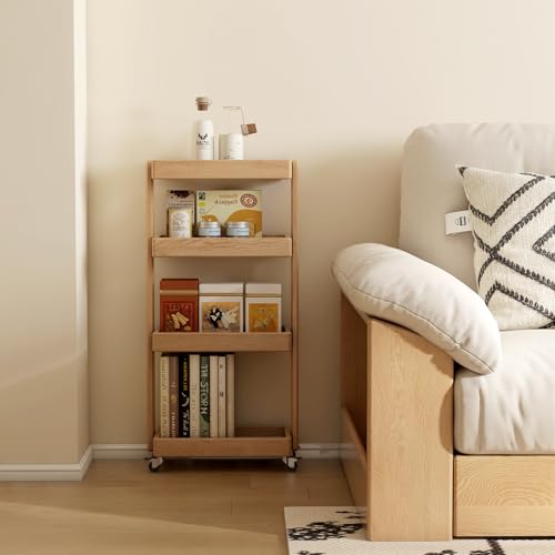 Small Narrow Side Table with Wheels, Skinny End Table for Small Spaces, 4 Tier Side Table for Living Room Bedroom(Natural, 7.87" D x 15.75" W x 31.89" H) - color: Natural, size: 7.87"D x 15.75"W