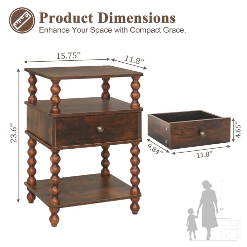 AWASEN Night Stand, Bed Side Table Bedroom with Drawer, 3-Tier Small Nightstand End Table with Storage for Small Spaces &Solid Wood Spindle Legs, Rustic Brown - color: Rustic Brown