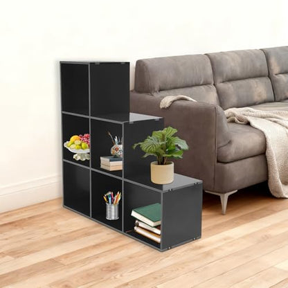 3-Tier Stepped Bookshelf, 6 Cube Storage Organizer Floor Standing Storage Shelf Modern Open Bookshelf for Home and Office (Black) - size: 6 Cube L-Shaped Black