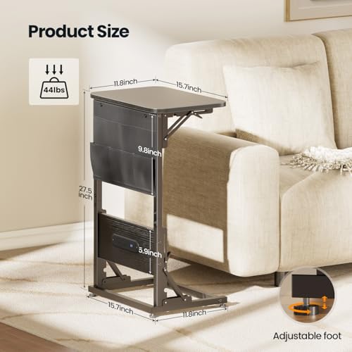 HLDIRECT C Shaped End Table with Charging Station & Storage Bag Black | 2 USB & 2 Outlets, Storage Bag, FSC Wood, Foldable, 11.8"D x 15.7"W, for Small Spaces, Couch, Bedroom - color: Black