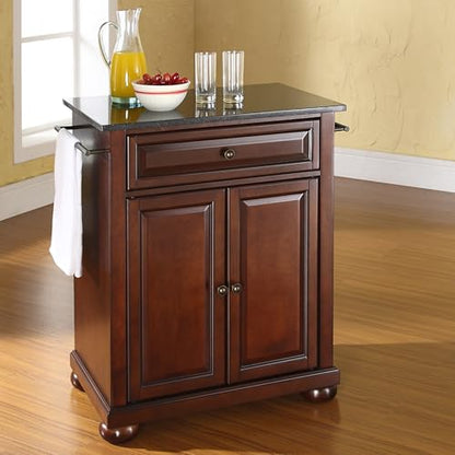Crosley Furniture Alexandria Granite Top Small Portable Rolling Kitchen Island Storage Cart, Microwave Stand, Mahogany - color: Mahogany, style: Solid Black Granite Top
