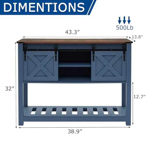 Blue Farmhouse Entryway Table, Rustic Hallway Table with Storage Shelf, Sofa Table with Sliding Barn Doors for Hallway, Entryway, Living Room, Foyer - color: Blue