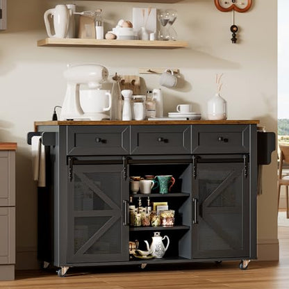 Kitchen Island with Storage, 55" Kitchen Cart with Charging Station, Rolling Kitchen Island Table with Drop-Leaf, 3 Drawers, Barn Doors, Towel Rack and Spice Rack, Black and Rustic Brown - color: Black + Rustic Brown