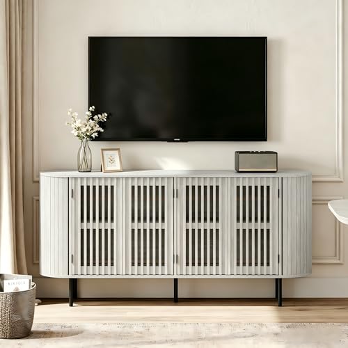 WAMPAT 64.4" Fluted TV Stand, Wood Entertainment Center for TVs Up to 70 inches, Curved Edge Media Console Table with Doors and Shelves for Living Room, Bedroom, White Washed - color: White Washed