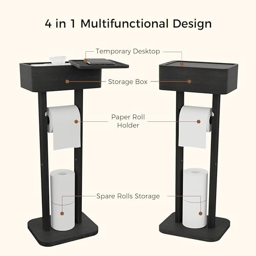 4-in-1 Black Toilet Paper Holder Stand with Storage Shelf Box, 360° Rotating Bamboo Free Standing Toilet Tissue Roll, Toilet Wipes Dispenser Organizer, Temporary Desktop for Bathroom (Patent) | 360° Rotating Bamboo Free Standing Toilet Tissue Roll, Toilet