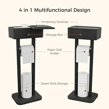 4-in-1 Black Toilet Paper Holder Stand with Storage Shelf Box, 360° Rotating Bamboo Free Standing Toilet Tissue Roll, Toilet Wipes Dispenser Organizer, Temporary Desktop for Bathroom (Patent) | 360° Rotating Bamboo Free Standing Toilet Tissue Roll, Toilet