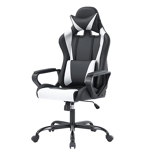 PayLessHere Ergonomic Racing Desk Chair Gaming Chair Computer Chair with Armrests 360° Swivel & Caster Pu Desk Task Chair Executive Headrest Lumbar Support for Back Pain Women Men and Adults (White) - color: White