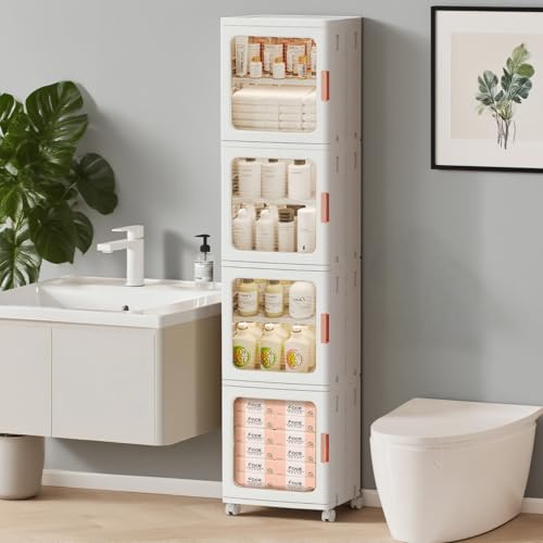 4-Tier Tall Narrow Bathroom Storage Cabinet for Small Space,White | Quick Assembly,Foldable,Plastic Organizers,Magnetic Doors,Adjustable Shelves,Slim Storage Cabinet,Wheels - color: White, size: 11.42"D x 14.57"W x 65.35"H