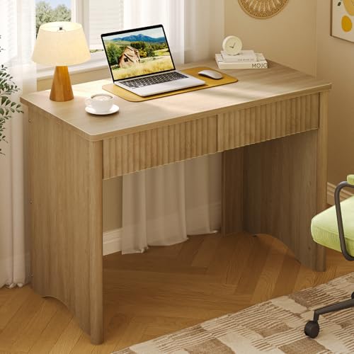 Bestier Fluted Computer Desk with 2 Drawers, 40 Inch Small Wooden Writing Study Work Desk, Computer Table, Compact Executive Home Office Desk for Small Spaces, Bedroom, Study, Living Room - color: Oak, size: 40 Inch