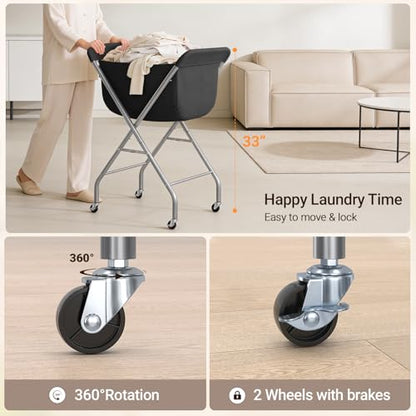 ELYKEN Laundry Basket with Wheels, Collapsible Laundry Hamper, Black | Removable Liner Bag, Foldable Design, Sturdy Metal Frame, 4 Casters, 32”H Laundry Cart for Bedroom, Bathroom & Laundry Room - color: Black, size: 23.2"L x 13"W x 32"H