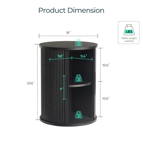 LINSY HOME Round Fluted End Table, Tall Side Table with Sliding Tambour Door and Storage Shelf, Mid Century Modern Nightstand for Living Room, Bedroom, Black - color: Black