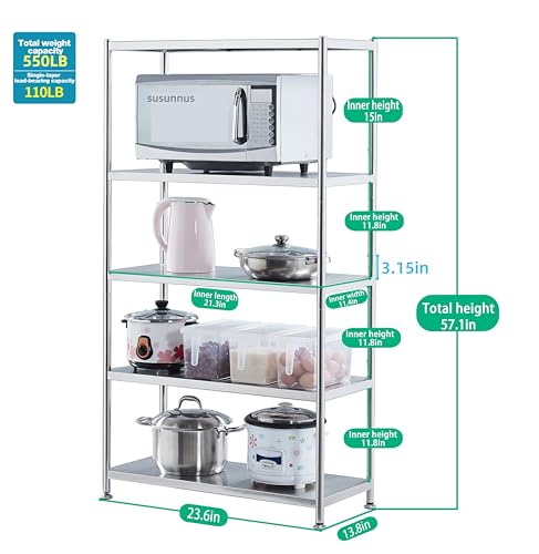 susunnus Stainless Steel Shelves 23.6in-5 Tier, Stainless Steel Shelf Organizer, Kitchen Storage Shelves,Artistic Texture, Pragmatic & Sturdy & Waterproof - size: 23.6in*13.8in-5T