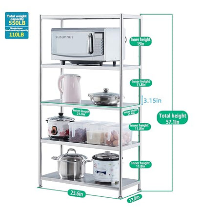 susunnus Stainless Steel Shelves 23.6in-5 Tier, Stainless Steel Shelf Organizer, Kitchen Storage Shelves,Artistic Texture, Pragmatic & Sturdy & Waterproof - size: 23.6in*13.8in-5T