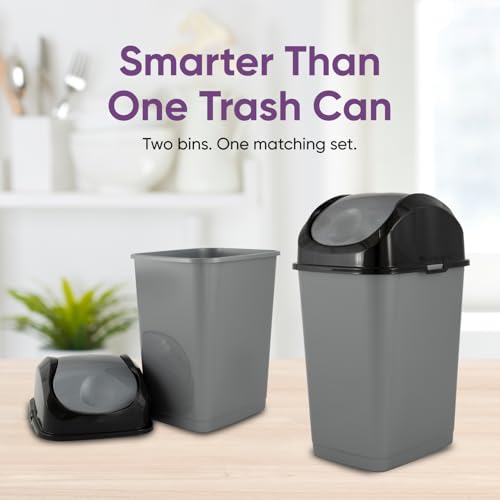 Superio Mini 1.25 Gallon and Small 2.5 Gallon Plastic Trash Cans with Swing Top Lid, Grey Waste Bin for Countertop, Desk, Vanity, Bathroom, 2 Pack (Grey/Black) - size: 1.25 and 2.5 Gallon