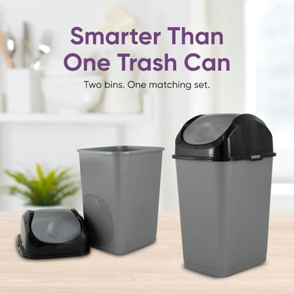 Superio Mini 1.25 Gallon and Small 2.5 Gallon Plastic Trash Cans with Swing Top Lid, Grey Waste Bin for Countertop, Desk, Vanity, Bathroom, 2 Pack (Grey/Black) - size: 1.25 and 2.5 Gallon
