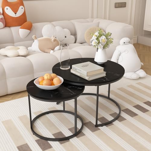 Nesting Coffee Table Set of 2 Round Side Tables, 27.6 Inch Marble Top Coffee Table with Metal Frame for Small Space, Living Room, Bedroom, Balcony & Apartment(Black) - color: Black