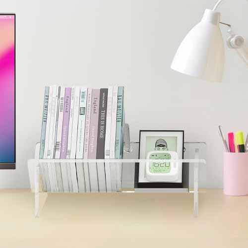 Picowe Acrylic Desktop Bookshelf, Transparent Tabletop Book Stand Organizer with Semi-Circular Base, Book Holder Display Rack for Books, CDs, Magazines