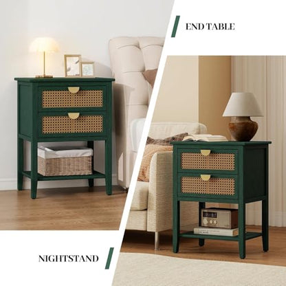 vistavie 22" Green Rattan End Table with 2 Drawers and Open Shelf, Boho Accent Side Table with Gold Semi Circular Handles and Solid Wood Legs for Living Room - color: Green Set of 1