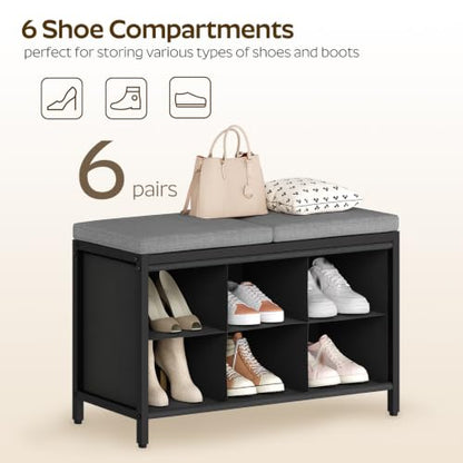 YATINEY Shoe Storage Bench with Cushion, Entryway Bench, Shoe Rack with Padded Seat and 6 Oxford Compartments, for Closet, Bedroom, Entryway, Black and Gray HX01BK