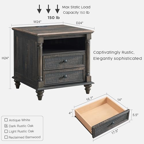 T4TREAM 24" Farmhouse Nightstands with 2 Drawers, Dark Rustic Oak | 4 Solid Wood Feet, Charging Station, Tall Rustic Wood Square, Sofa Side Table, Living Room, Bedroom - color: Dark Rustic Oak
