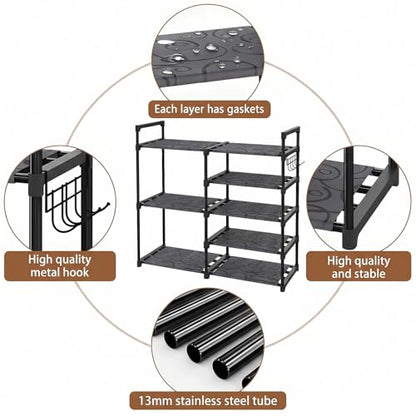 5 Tier Shoe Rack Black Tubes Shoe Rack with Oxford Fabric Lightweight Shoes Storage with Hooks Sturdy Vertical Shoe Rack Keep Dirt from Falling for Closet Entryway Garage-Easy to Assemble