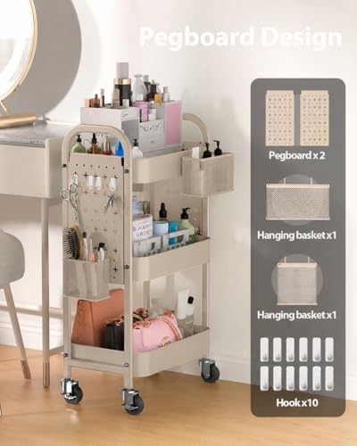 ALVOROG 3 Tier Rolling Cart with DIY Pegboards Metal Utility Cart with Wheels Handles Baskets Hooks, Craft Cart for Office Kitchen Bathroom(Khaki) - color: Khaki