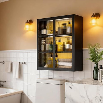 3-Tier Bathroom Wall Cabinet with 2 LED Light | Metal Medicine Cabinet with Glass Doors, Laundry Room Cabinets Storage, Black Over Toilet Modern Storage Cabinet for Bathroom - style: Full Glass Door Black