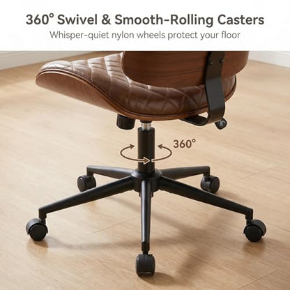 Furnimart Armless Small Desk Chair with Wheels, 360° Swivel Faux Leather Vanity Chair for Bedroom, Compact Home Office Task Chair for Small Spaces, Heavy-Duty Wood Frame(PU Brown) - color: Faux Leather-brown
