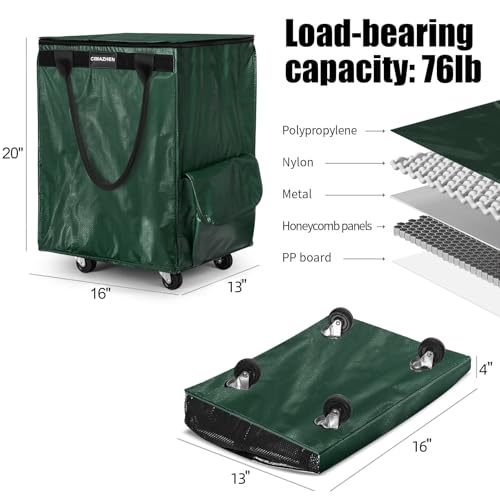Reusable Grocery Bag Tote Bag with Wheels, Foldable Rolling Tote Bag with 3 Handles and Zipper - color: Green, size: Medium