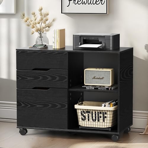 DUMOS Wood File Cabinet with 3 Drawers, Rolling Printer Stand | Under Desk Storage Organizer Home Office Space with Shelves for Files and Office Supplies, Rust - color: Classic Black