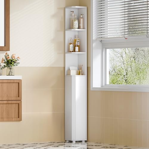 Hzuaneri Corner Cabinet, Tall Bathroom Corner Cabinet with Doors | Narrow Storage Cabinets with Adjustable Shelves, Bathroom Organizers and Storage for Small Space, White BC30003X - color: White, style: 7.9"D x 7.9"W x 66.9"H