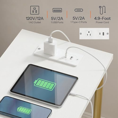 HOOBRO Side Table with Charging Station, Set of 2 End Tables with USB Port and Outlets, Nightstand with 2-Layer Storage Shelves for Small Spaces, Living Room, Bedroom, White and Gold DW09UBZP201 - color: White + Gold