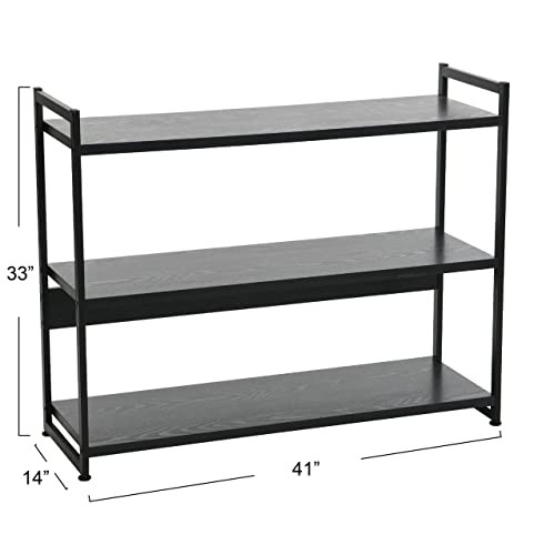 Household Essentials Jamestown Wide 3 Shelf Open Storage Bookshelf Black Oak Wood Grain and Black Metal - color: Black Oak