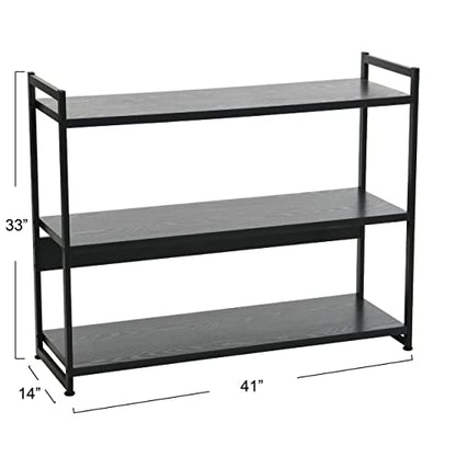 Household Essentials Jamestown Wide 3 Shelf Open Storage Bookshelf Black Oak Wood Grain and Black Metal - color: Black Oak