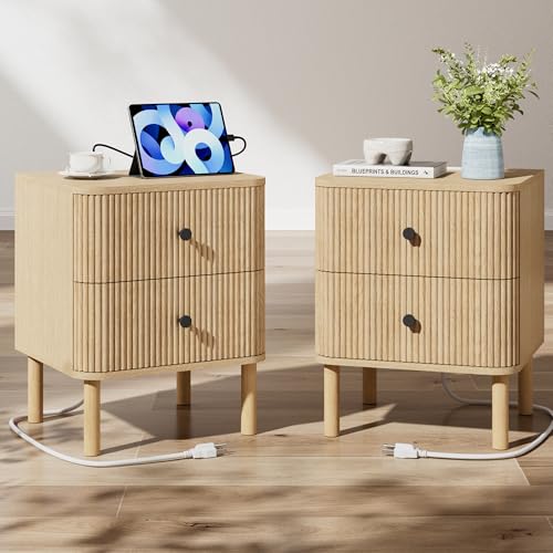 Fluted Nightstand Set of 2 with Charging & Rounded Drawer Fronts | 18in Wide, Bedroom, Natural Oak, FSC-Certified MDF, Solid Wood Legs, 2 Drawer, Metal Knobs, Bedside Table, End Table, Modern - color: Natural Oak - Rounded Drawer, size: 18"W