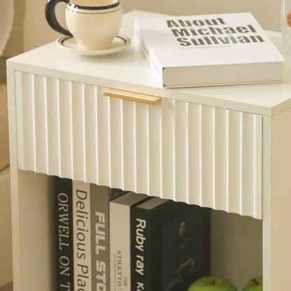 Fultyle White Nightstand, Modern Bedside Table with Drawer and Open Storage, Fluted End Side Table Living Room with Solid Wood Legs for Bedroom (White) - color: White