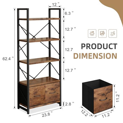 Vongrasig 5 Tier Bookshelf with 2 Drawers, Industrial Tall Bookcase, Modern Display Bookshelves Wood and Metal Shelf, Free Standing Storage Organizer for Office, Living Room, Brown - color: Brown With Drawers